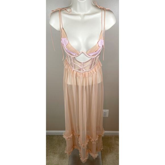 For Love & Lemons Akeria Sequin Bow Cutout Sheer Pink Maxi Slip Dress Size XXS - Picture 3 of 8